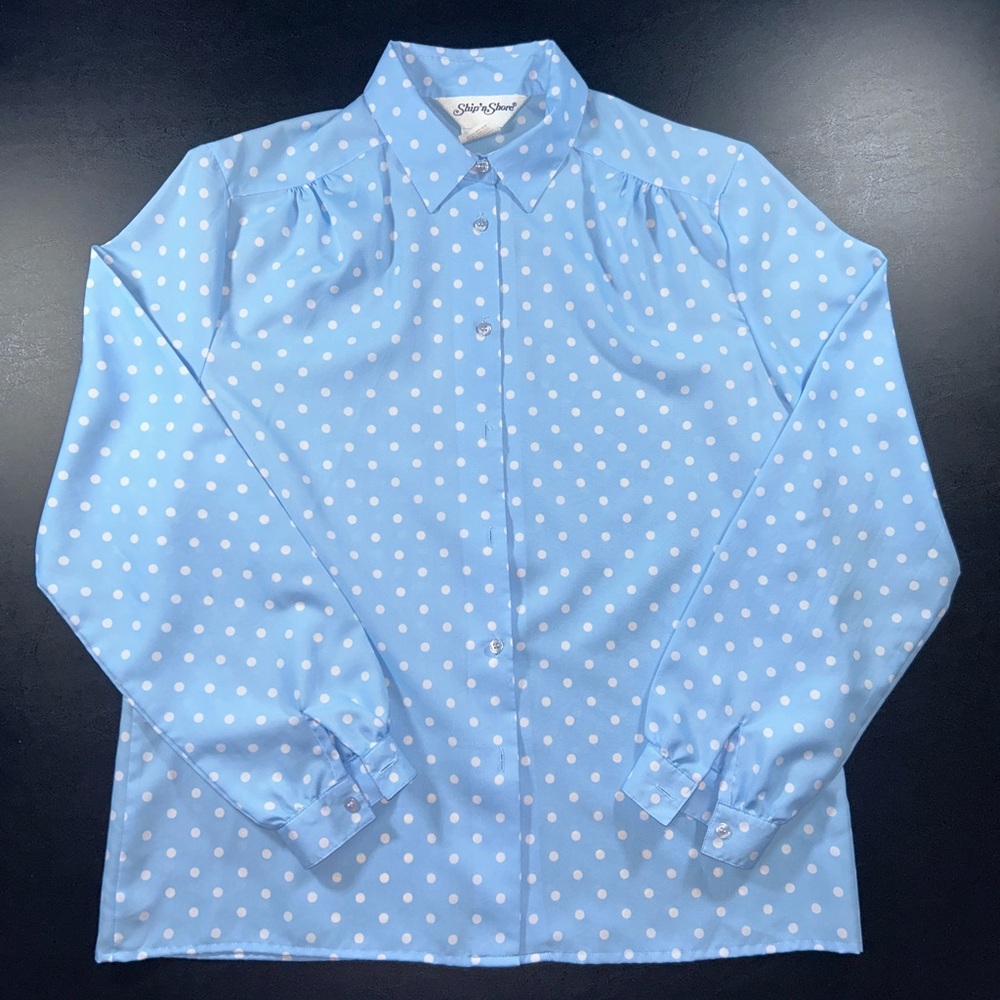 Vintage 1970s Ship N' Shore Women's Shirt Size 14 Light Blue Polka Dot Blouse